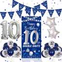 10th Birthday Decorations for Boys Girls, Navy Blue Silver Happy 10th Birthday Double Digits Door Banner Decorations, 32 Number 10 Foil Balloon With Triangle Flag 10 Year Old Son Bday Party Supplies