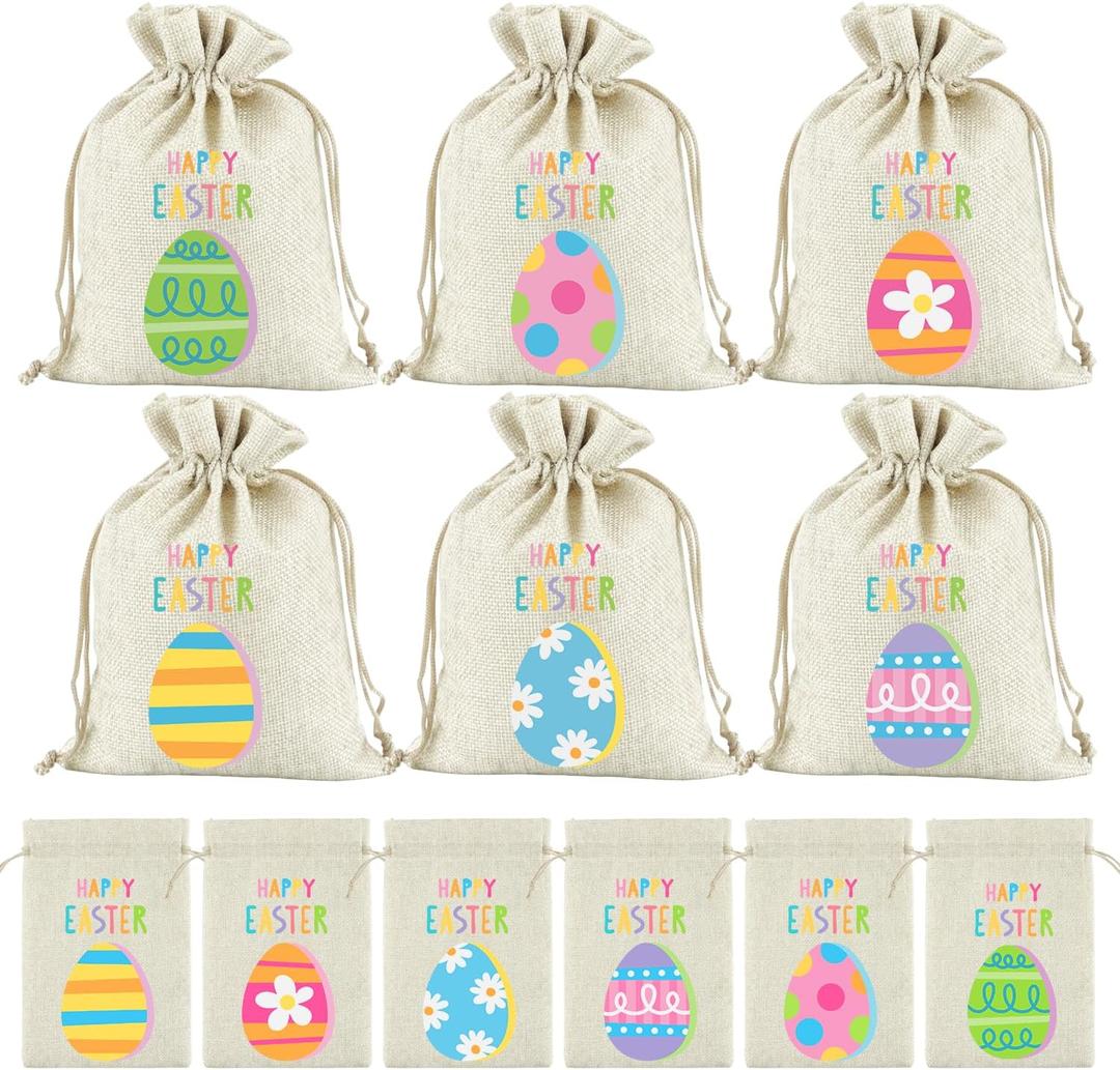Golibra 24 Pcs Easter Bags, 3.9'' x 5.9'' Easter Burlap Gift Bags with Drawstring, Reusable Easter Treat Bags Goodie Bags for Easter Baskets, Egg Hunt Game Party Supplies