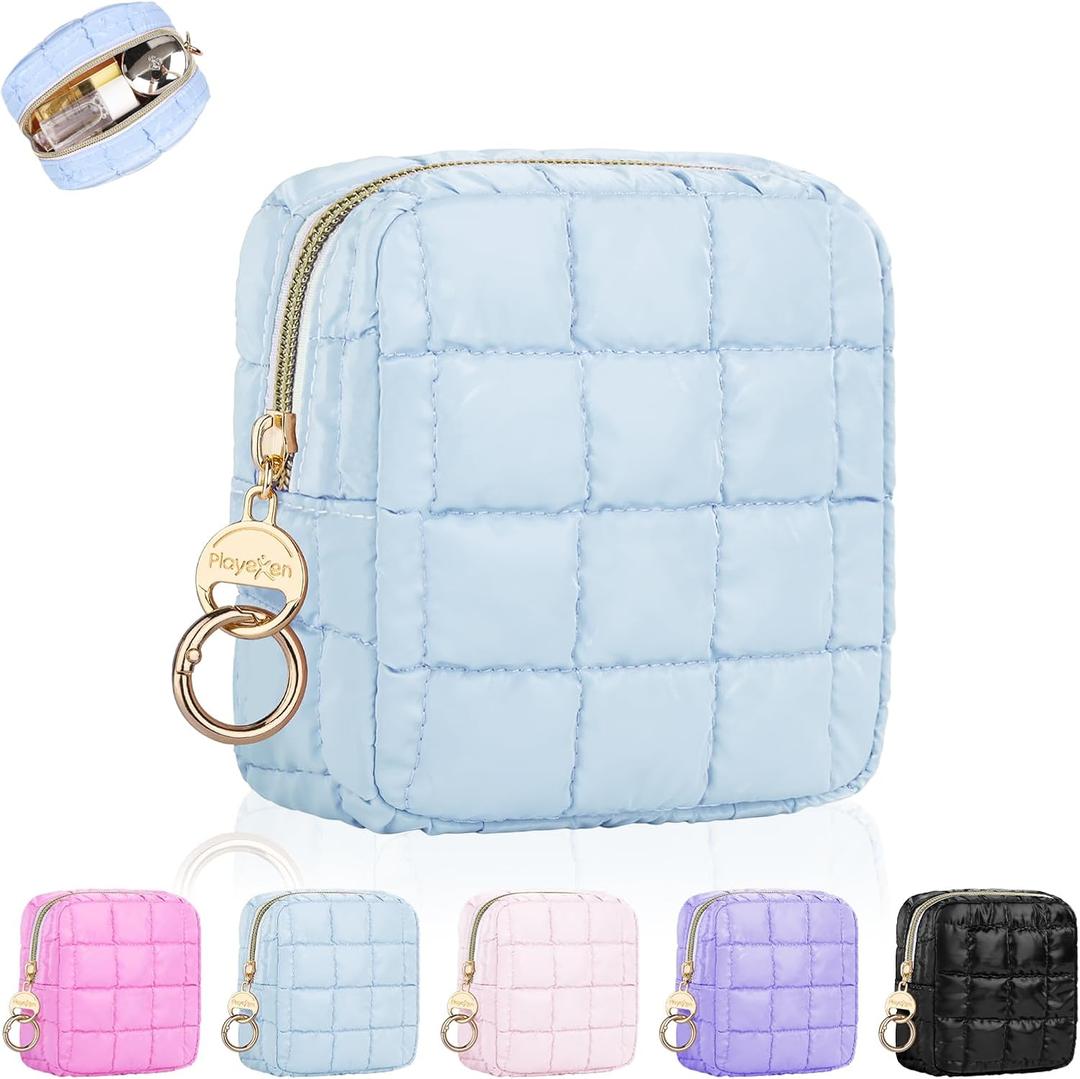 4.9" Puffy Small Makeup Bag, Cute Quilted Cosmetic Bag for Purse, Mini Travel Toiletry Organize Pouches for Women, Birthday/Wedding/Christmas Gifts (Blue)