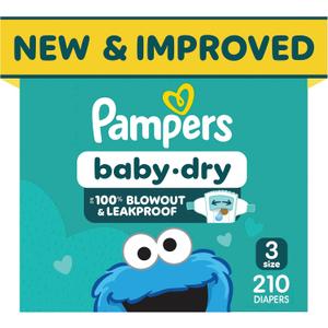Pampers Baby Dry Ultra Cushiony Diapers, Size 3 (13-26 lbs), 210 Count, Up to 100% Leakproof