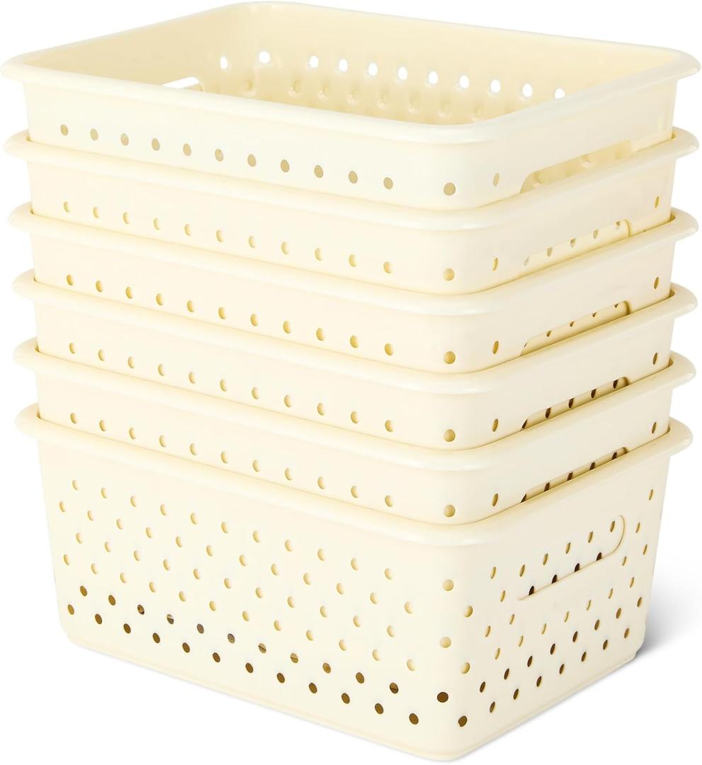 Amazon Basics Decorative Plastic Baskets BPA-Free 25.2cm x 18.8cm x 10.7cm, Ivory, Pack of 6