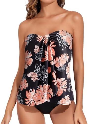 Tempt Me Two Piece Tankini Bathing Suits for Women Halter Bandeau Swim Top with Bottom Flyaway Tummy Control Swimsuit size L
