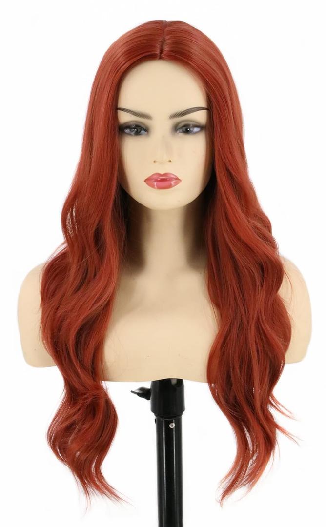 Topcosplay Women Wigs Red Long Wavy Curly Wig Middle Part Full Wigs Synthetic Halloween Costume Wig (Auburn)