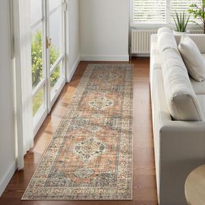 Lahome Oriental Hallway Runner Rug, 2.5x8 Kitchen Runner Non Slip Ultra-Thin, Soft Washable Hallway Rug Distressed Non Shedding Long Carpet for Entryway Laundry Room Bathroom, Peach/Orange (Terracotta)