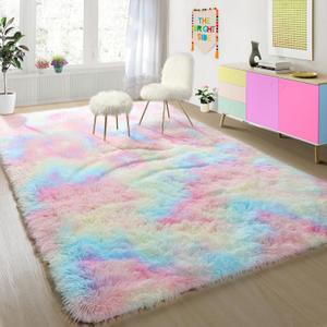 PAGISOFE 4x6 Rainbow Fluffy Soft Plush Area Rugs for Girls Bedroom, Shaggy Rugs for Kids Playroom,Kawaii Princess Fuzzy Rugs for Nursery Baby Toddler,Cute Colorful Room Decor for Teenage