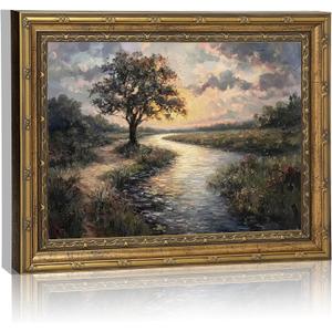 Canvas Wall Art Framed,River Tree Sunset Landscape Painting, Vintage Gold Framed Picture Poster Prints Artwork for Home Wall Decor,12x16 Inch