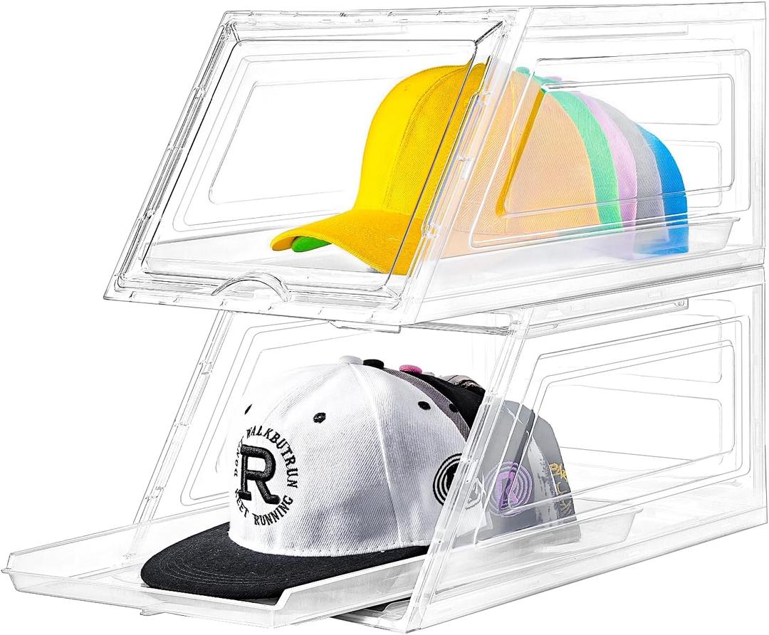 2 Pack Hat Organizer for Baseball Caps,Large Clear Cap Organizer with Drawer,Hats Holder Box for Closet with Sliding Tray,Stackable Hat Rack Display Case,Multi-use Hat Case for Caps,Each Holds 12 Hats