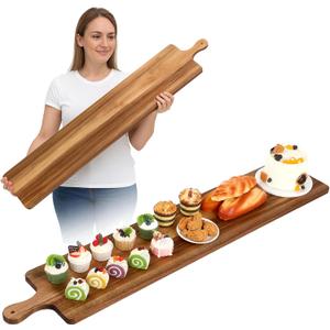 Baderke 48 Inch Acacia Wooden Long Charcuterie Board Extra Large Charcuterie Boards Serving Board with Handle Kitchen Bread Meat Cutting Boards Fruit Cheese Decorative Food Platter for Kitchen