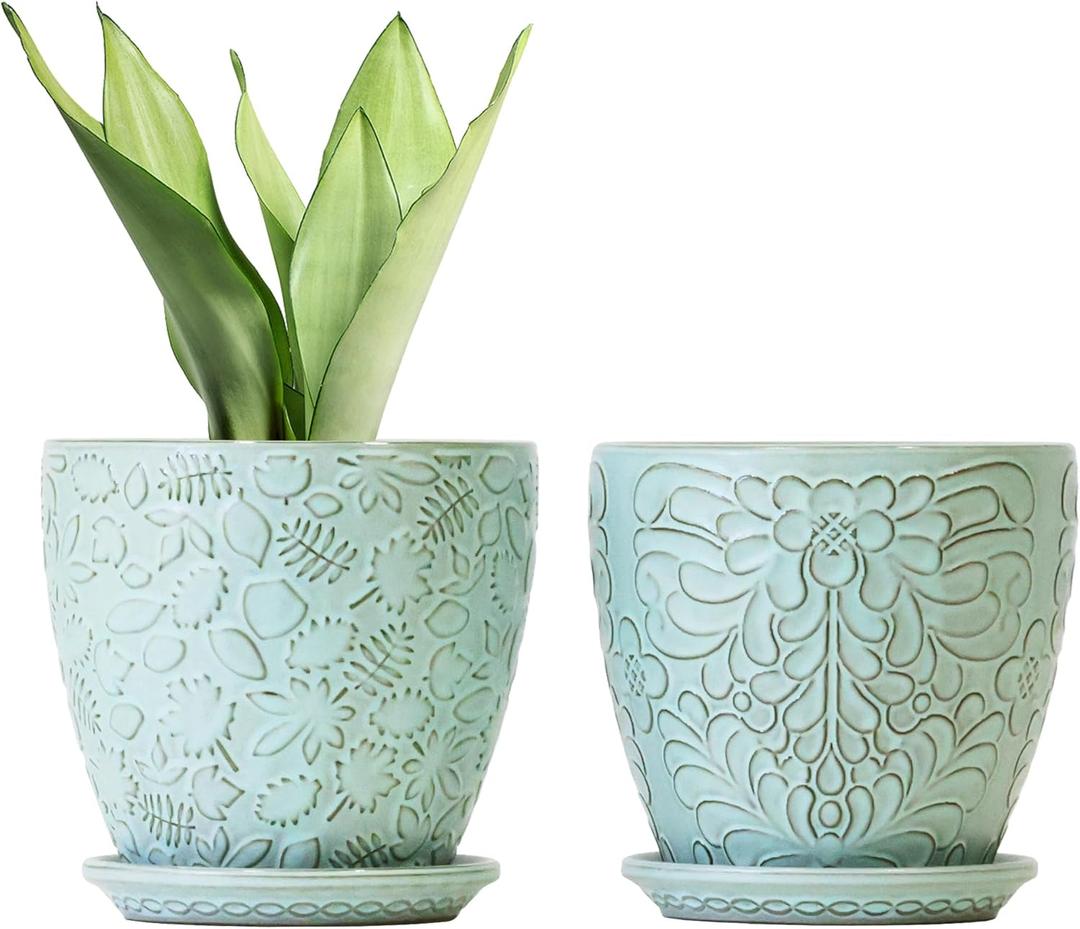 Bestseler 6 Inch Retro Ceramic Planter Set of 2 with Drainage Hole and Saucer for Plants, Indoor-Outdoor Garden Pots for Succulent, Orchid, and Flower (Fits Inner Pots Up to 5 Inches, Retro Green)
