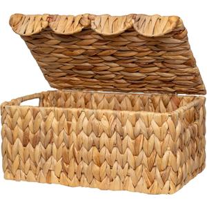 StorageWorks Wicker Basket with Scalloped Edge Lid, Handwoven Water Hyacinth Baskets for Bedroom, Living Room, 13" L x 9 " W x 6" H