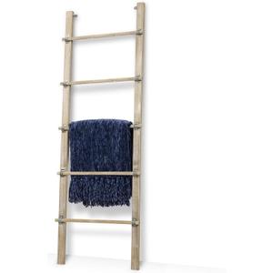 MyGift Solid Wood Vintage Brown Washed Wall Leaning Quilt Ladder, Farmhouse Bathroom Ladder Holder Rack with Rustic Metal Cuffs