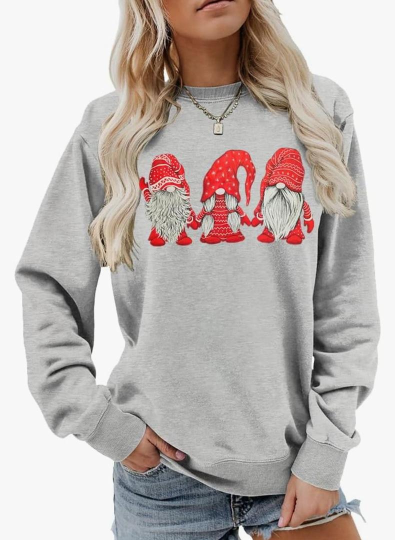 Women Christmas Sweatshirt Funny 3 Red Santas with Hat Graphic Long Sleeve Hoodie Shirts Fall Winter Xmas Tops, L