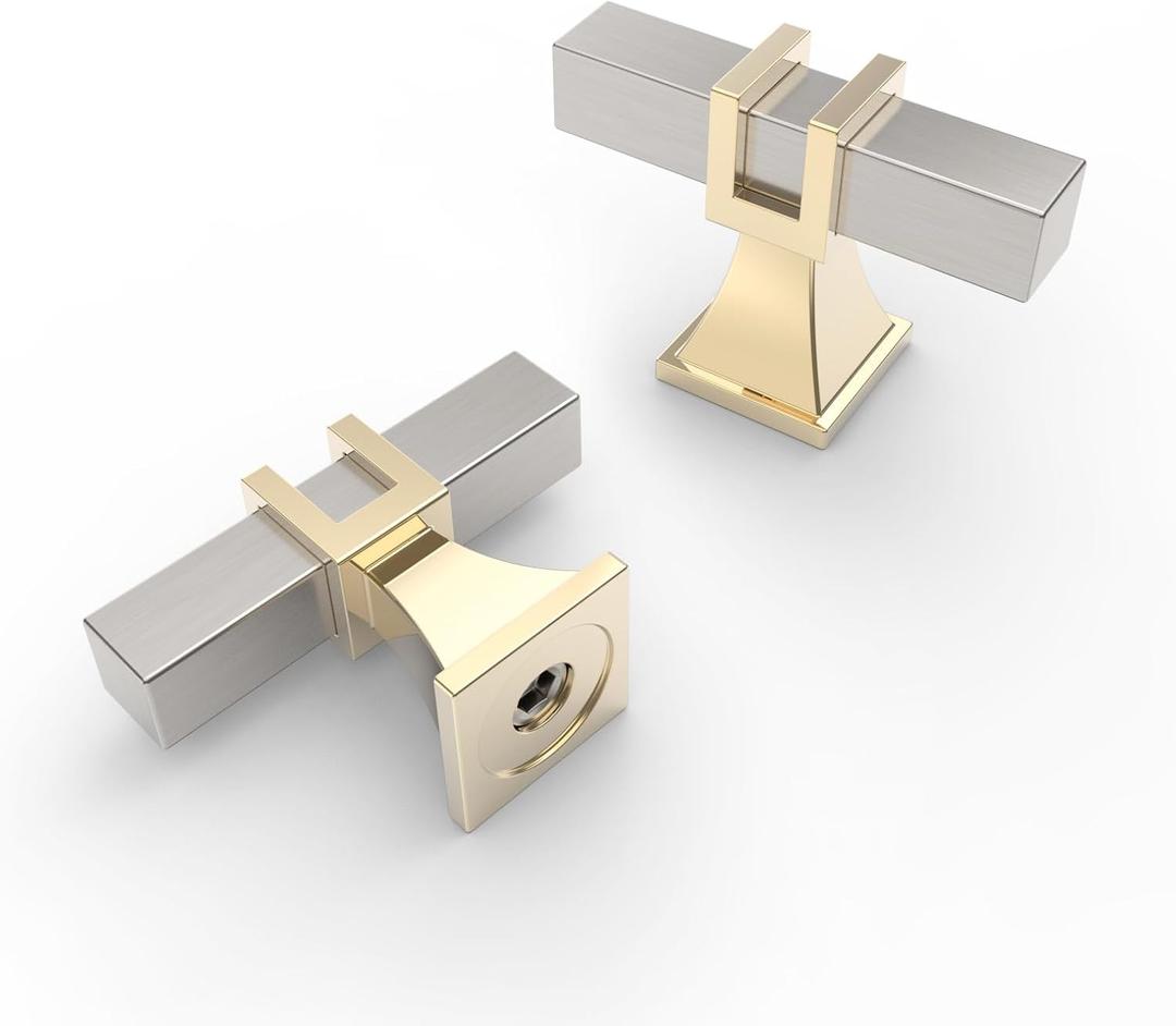 10 Pack 2 Inch Satin Nickel Cabinet & Drawer T Bar Knobs (Single Hole Knob, Gold-Brushed Nickel)