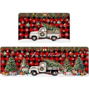 Christmas Rugs for Kitchen Floor, Red Buffalo Plaid Christmas Truck Mats for Kitchen Floor Rubber Non Slip, 2PCS Farmhouse XmasTree Kitchen Mat Cushioned for Room Doorway 15.7"27.5" +15.7"47"