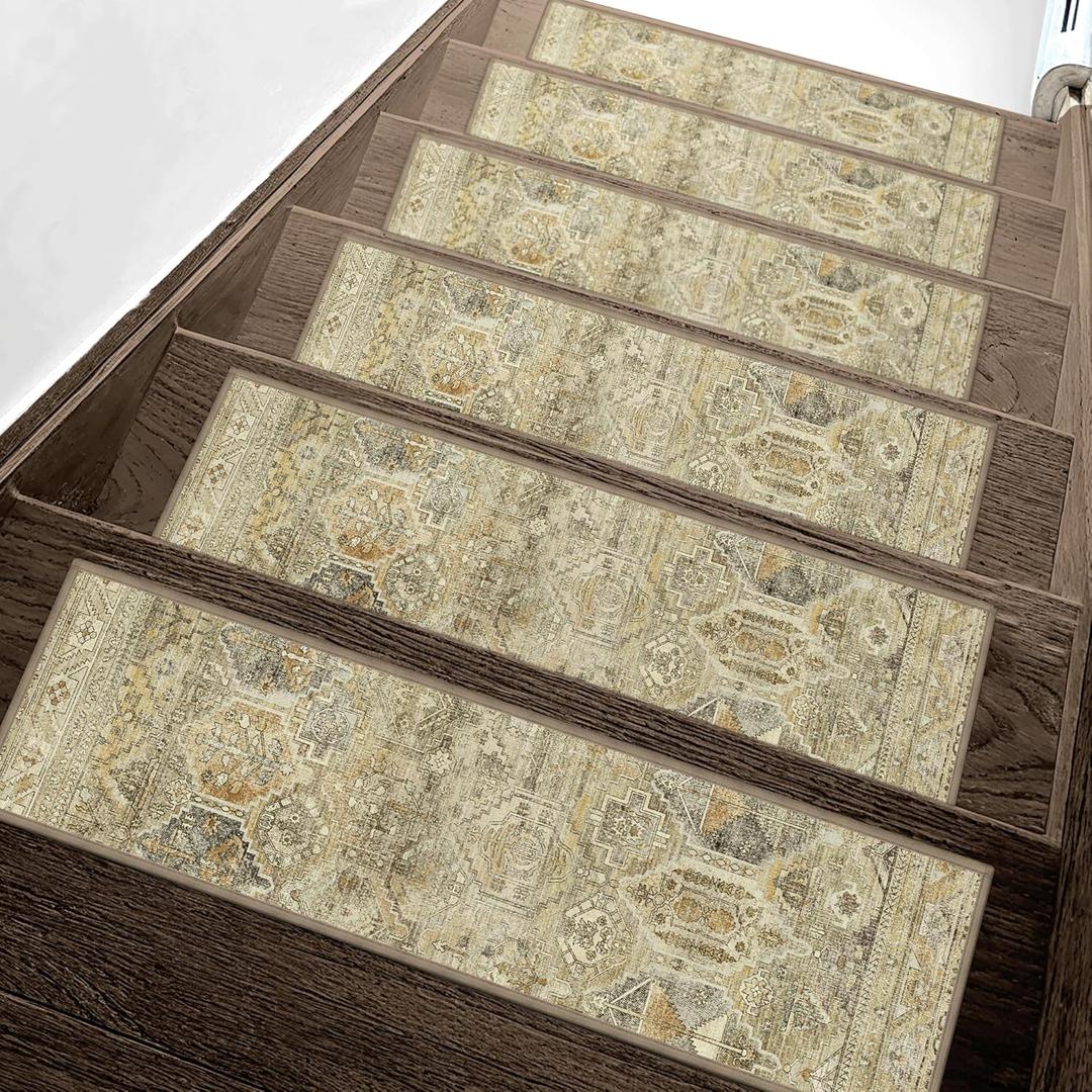 Carpet Stair Treads Non Slip 15PCS, 8" X 30" Edging Stair Runner for Wooden Steps Indoor, Resistant Stair Rugs with Reusable TPE Adhesive Backing, Residue Mat for Elders, Pets, Tawny/Ivory