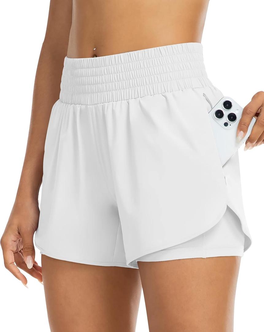 YEZII Womens High Waist Running Shorts Athletic Workout Quick Dry Shorts for Women with Pockets Gym Yoga White Summer Shorts (Medium, 1 Packs-White)