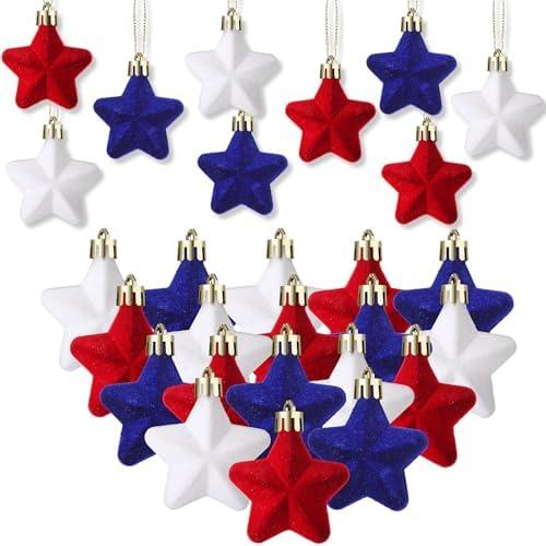 PullCrease 36 Pcs Velvet Patriotic Star Ornaments Mini 4th of July Independence Day Tree Decorations Red White Blue Patriotic Ornaments 1.18 Inch Hanging Stars for Memorial Day
