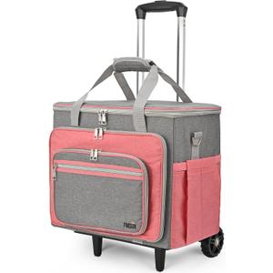 Rolling Craft Bag, Tote Bag with Wheels for Women, Rolling Teacher Bag with Removable Folding Hand Truck (Pink)