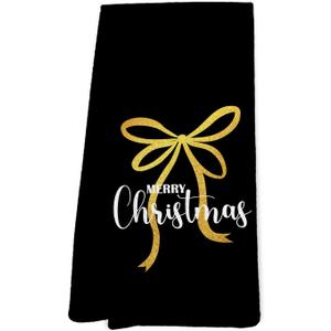 Black and Gold Christmas Kitchen Towels, Gold Bow Decorative Hand Towels for Bathroom, Merry Christmas Dish Towel for Kitchen, 16x24 Inch