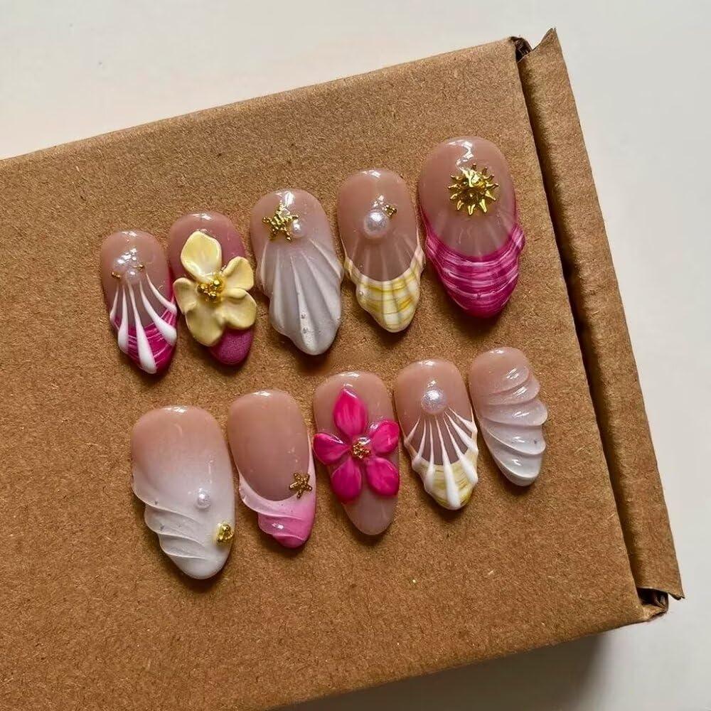 Medium-Size - Luxury Medium Almond 3D False Nails Women Reusable ABS Material Finger Printed Nail Tip French Salon Design Artificial Fingernail-M-size (101)