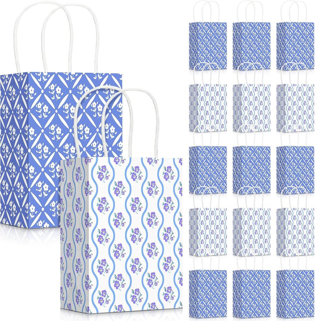 Cholemy 50 Pcs Coastal Gift Bags Bulk Blue Floral Paper Bags with Handles, 1 Count