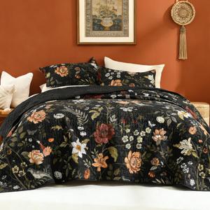 Litanika Floral Black Quilt Queen Size - 3 Pieces Botanical Birds Pattern Quilt Bedding, Lightweight Soft Coverlet for All Seasons (96"x90")