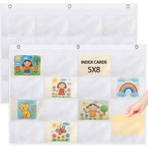 2 Pcs Index Card Holder Sleeve Card Slots Organizer Holder, Pocket Chart, Oxford Note Sleeve, Hanging Wall Mount Pocket for Studying, Organizing, Office, Library Tracking(5" X 8" 16 Slots)