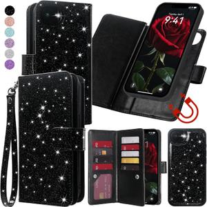 Varikke for iPhone 17e / iPhone 16e Wallet Case Detachable with RFID Blocking Card Holder for Women, Glitter Leather Wrist Strap Strong Magnetic Flip Wallet Removable Phone Case 6.1", Black