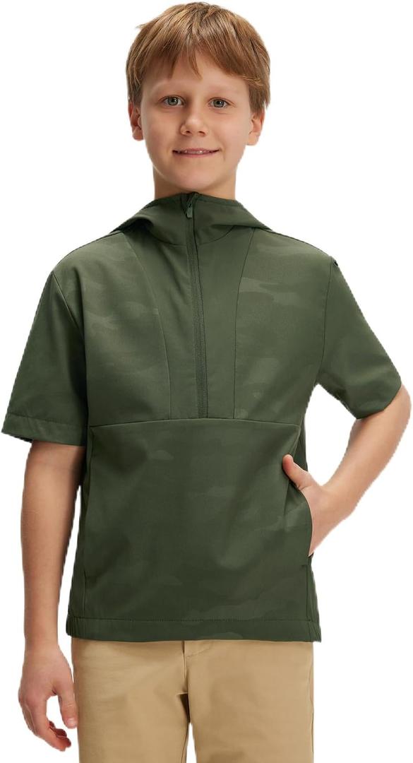 M MAELREG Boys Short Sleeve Golf Hoodie Quarter Zip with Pockets Lightweight Camo Rain Pullover for Teen (Green), 8Y