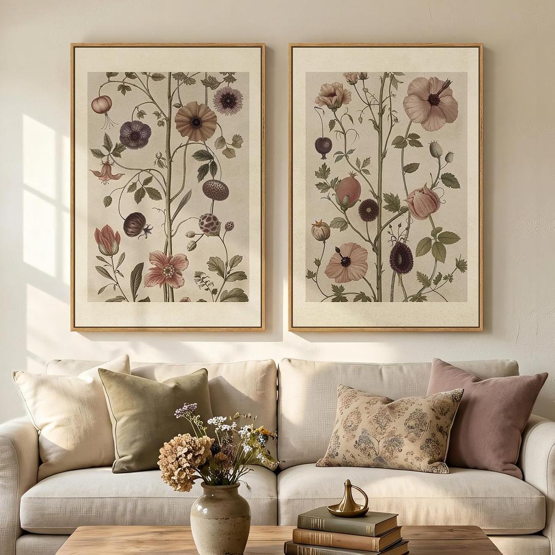 Large Framed Vintage Floral Botanical Wall Art for Living Room, 24x36 In | Set of 2, Canvas prints, Retro neutral plant art, Rustic flowers paintings, Pictures for bedroom dining room wall decor