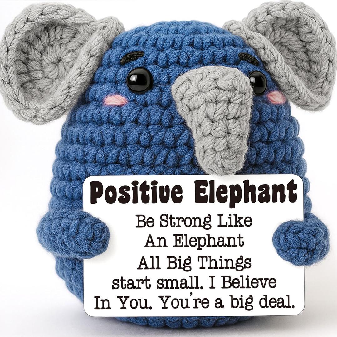 2 x Cute Positive Affirmation Gifts for Him Her, Inspirational Cheer Up Christmas Stocking Stuffers White Elephant Birthday Gift for Friends Coworkers Him Her, Crochet Elephant Present