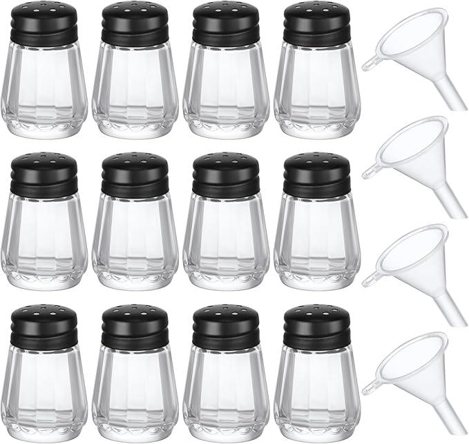 Potchen 10 Pcs Cube Shape Mini Salt and Pepper Shakers Bulk 0.5 oz Small Cube Glass Spice Shaker with Plastic Mini Funnels for Wedding Kitchen Restaurant Travel Camp Party (Black)