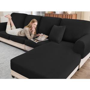 BT.WA Sectional Couch Covers for Sofa Cushion L Shaped Couch Cover Washable Soft Couch Cushion Covers Stretch Sofa Slipcovers with 2 Pcs Pillowcases(3-Piece 2 Seater + 1 Chaise, Black)