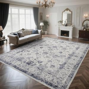 Zentavio 8x10 Washable Area Rugs, Vintage Non-Slip Floral Living Room Rug, Indoor Foldable Floor Thin Low Pile Carpet for Farmhouse Bedroom Dining Room Porcelain Blue