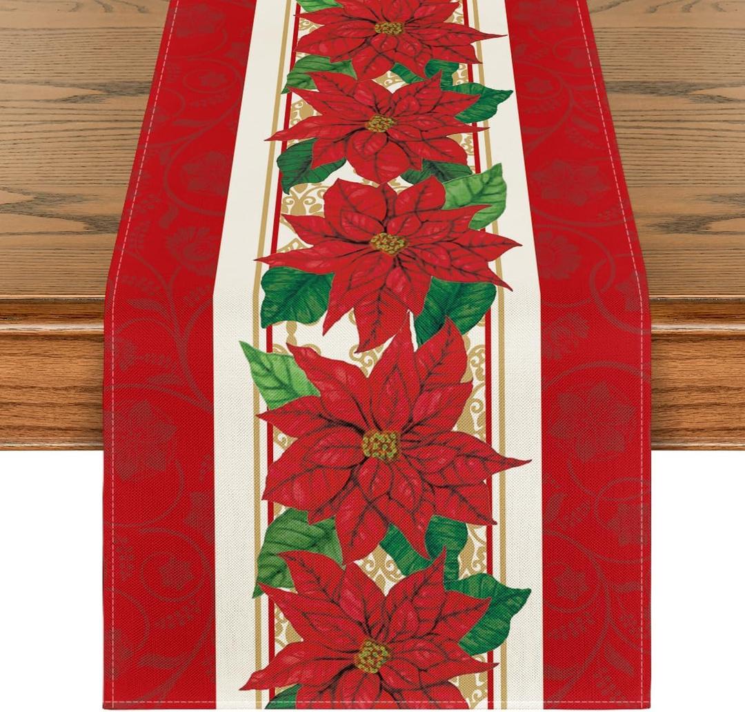 Artoid Mode Watercolor Poinsettia Red Christmas Table Runner, Seasonal Winter Xmas Holiday Kitchen Dining Table Decoration for Indoor Outdoor Home Party Decor 13 x 108 Inch