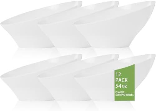bUCLA 12 Pack White Plastic Serving Bowls - 54 OZ Angled Table Salad and Fruit Bowls Disposable for Chip&Candy - Ideal for Party & Wedding
