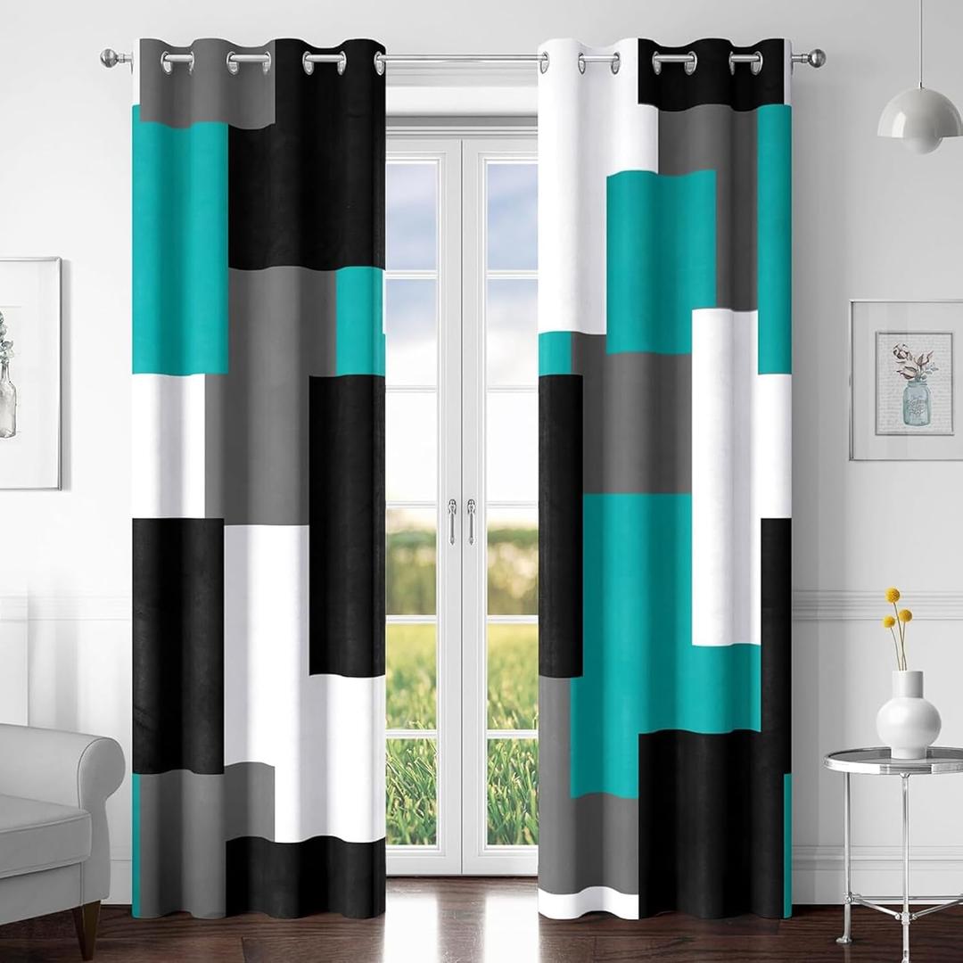 Teal/Turquoise 100% Blackout Curtains for Bedroom 108 inch Extra Long 2 Panels Set Black Grey Modern Abstract Geometric Black Out Curtains Room Darkening Window Drapes for Living Room, 52Wx108L
