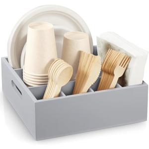 Wood Utensil Holder for Party, 6-Compartment Paper Plate Organizer with Handles, Wooden Silverware Caddy for Picnic, Camping, BBQ, Buffet, and Kitchen Countertop Organization, Gray