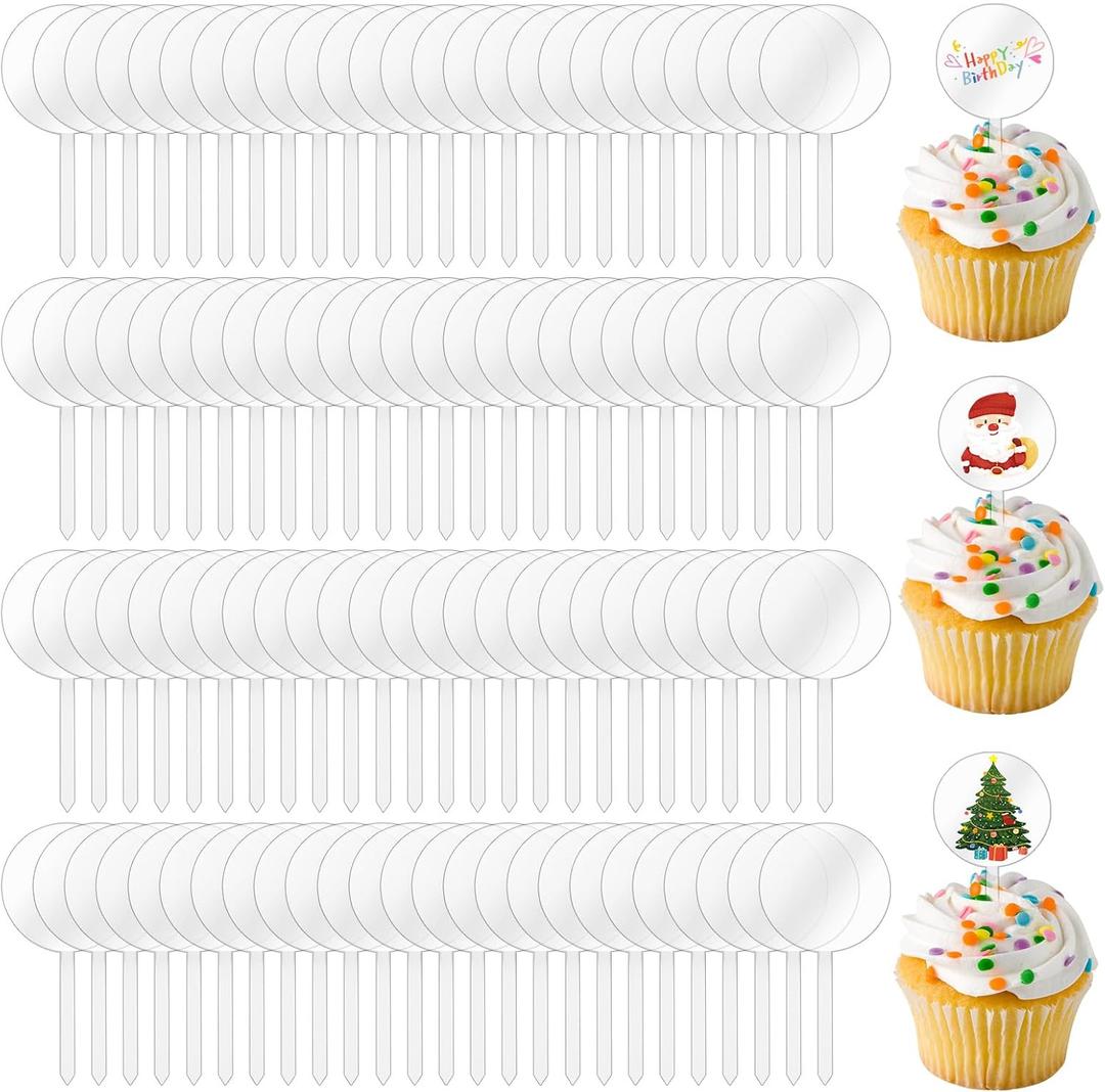 100 Pieces 2 Inch Circle Acrylic Custom Cupcake Topper, DIY Clear Blank Cake Personalized Cupcake Topper with Sticks for Birthday Party, Christmas, Halloween, Wedding, Baby Shower Cake Decoration