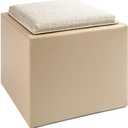 Beige Teddy Storage Ottoman, 18.5" Cube with Tray, Comfy Foot Rest and Multi-Purpose Uses, Home Decor Space Saving Solution