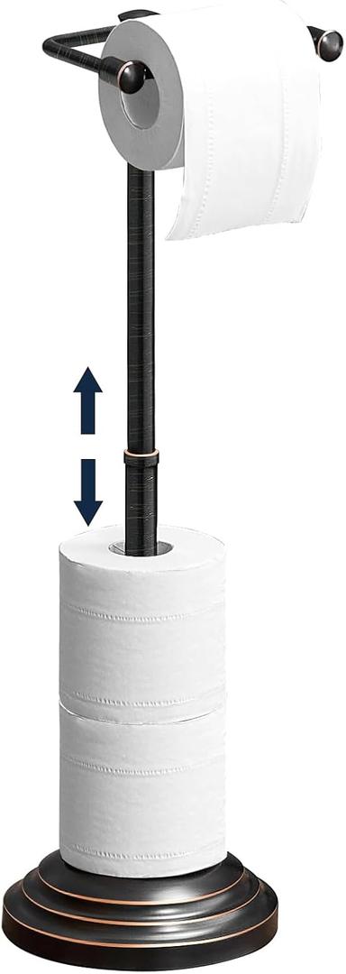 Toilet Paper Holder Stand, Adjustable (13.6" to 22.8") Oil Rubbed Bronze Free Standing Toilet Paper Holder, Stainless Steel Bathroom Toilet Tissue Roll Holder Stand with Storage