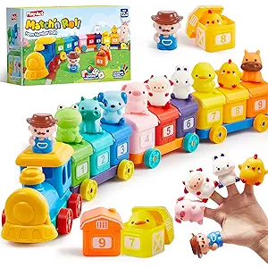 PlayAct Learning Toy for Toddlers 1 2 3 Years Old, Counting, Matching & Sorting Montessori Learning Farm Train Including 9 Farm Animals, Birthday Gift for Baby Boys Girls