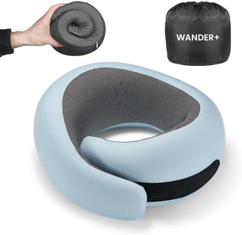 WANDER PLUS Travel Pillow, 100% Pure Memory Foam Travel Neck Pillow Airplane Neck Support Ergonomic Design Best for Sleeping Plane Car Train Office Flight for Adults Sky Blue