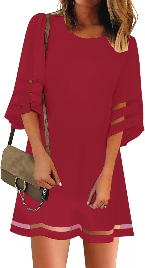 LookbookStore Women Casual Crewneck Mesh Panel 3/4 Bell Sleeve Loose Tunic Dress (Large, Savvy Red)