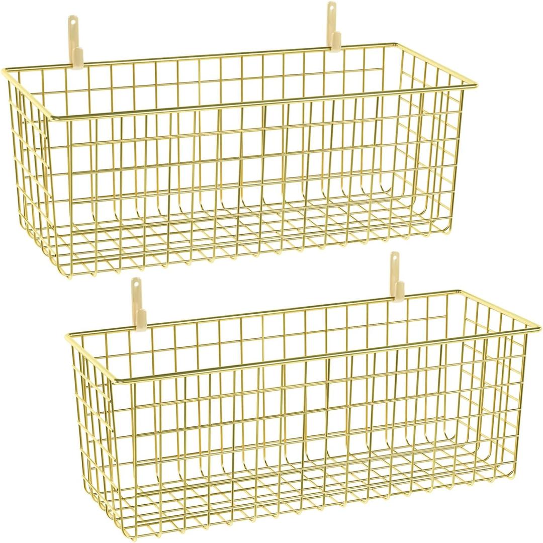 2 Sets Extra Large Hanging Wall Basket, Gold Metal Wire Baskets with Steel Hooks for Organizing, WallmountedFruit Vegetable Toy Snack Storage, Home Kitchen Bathroom Laundry Pantry Organizer