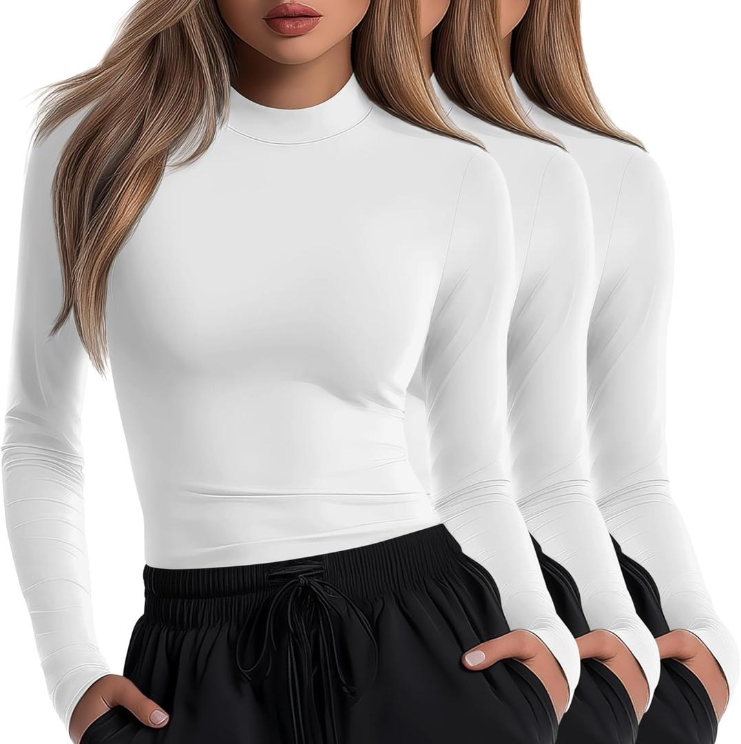 Neer 3 Pack Women's Underscrubs Long Sleeve Shirts Mock Turtleneck Slim Fit Scrub Top Basic Tee Undershirt for Nurse (XX-Large, White, White, White)