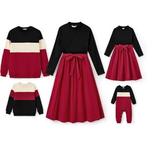 PATPAT Family Matching Outfits for Fall Winter Long Sleeve Women Dresses and Sweatshirts Sets for Holiday Photoshoot (Small, Burgundy)