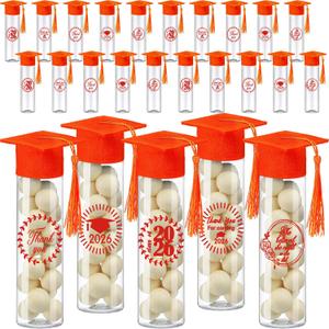 Teenyyou 25 Pcs Graduation Candy Tubes 2026 Graduation Party Favors Candy Boxes Plastic Grad Cap Jars Container with Tassels and Stickers for DIY Grad Table Party Favors (Orange)