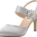 ERIJUNOR Mid Heel Shoes for Women Pointed Toe Slingback Rhinestone Brooch Satin Dress Pumps Evening Prom Wedding Shoes (10, Silver)
