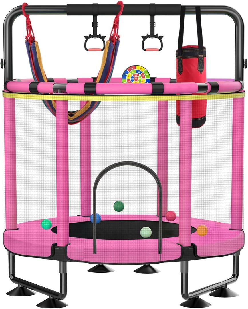 Trampoline for Kids, Upgrade Full Anti-Rust 440lbs Indoor Outdoor Toddler Trampoline with Net, 55" Adjustable Baby Toddler Trampolines Accessories with 8 Toys Dart Board (B-Pink)